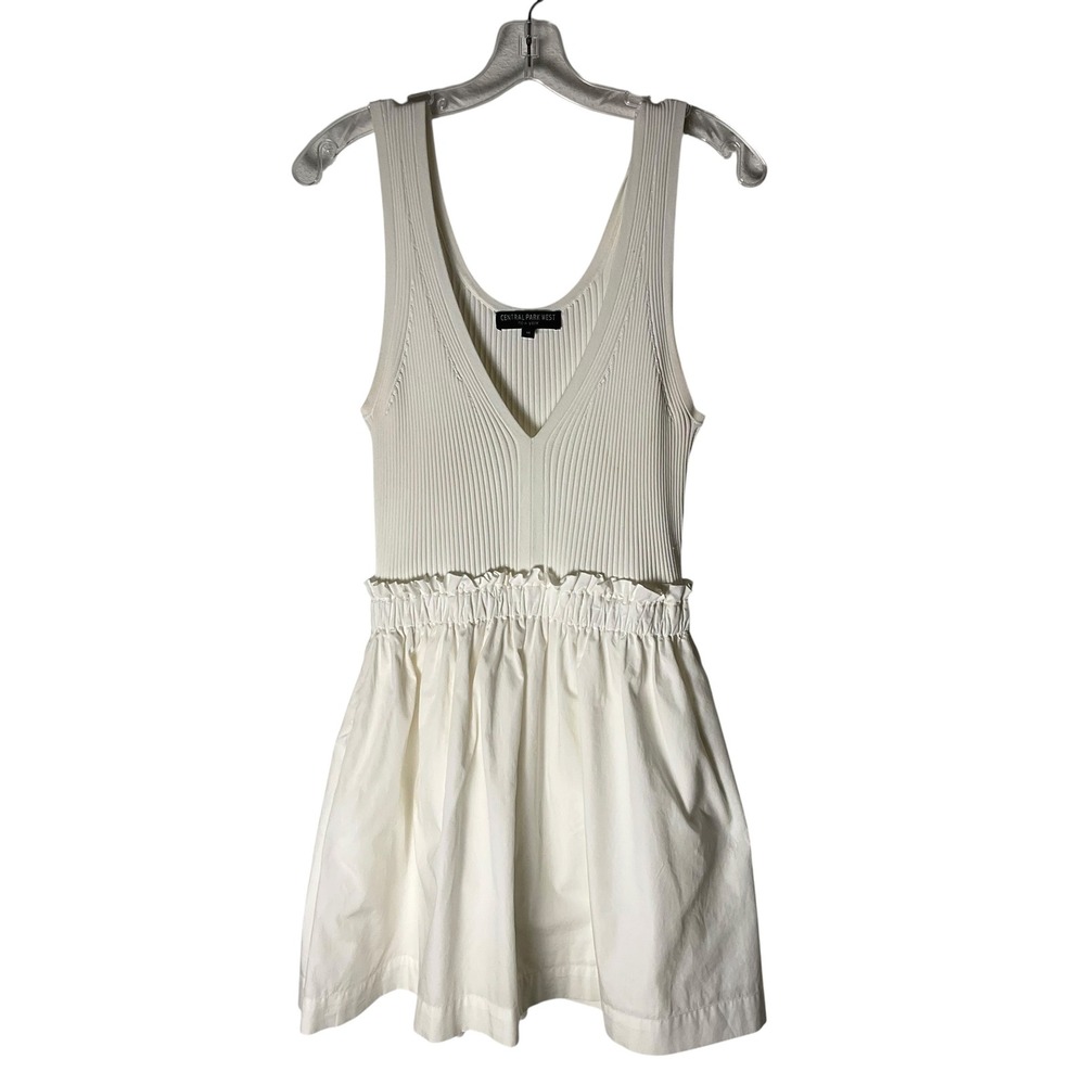 Central Park West Mini Dress Mixed Media Ribbed-Knit Poplin White Size Medium
